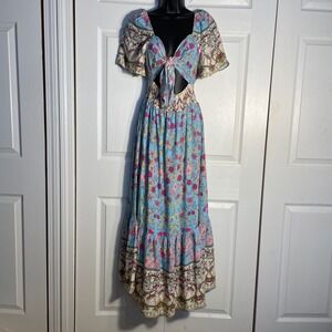 Rusty Dustty Floral Maxi Dress Blue Floral Tie Front Smocked Flutter Sleeve Boho